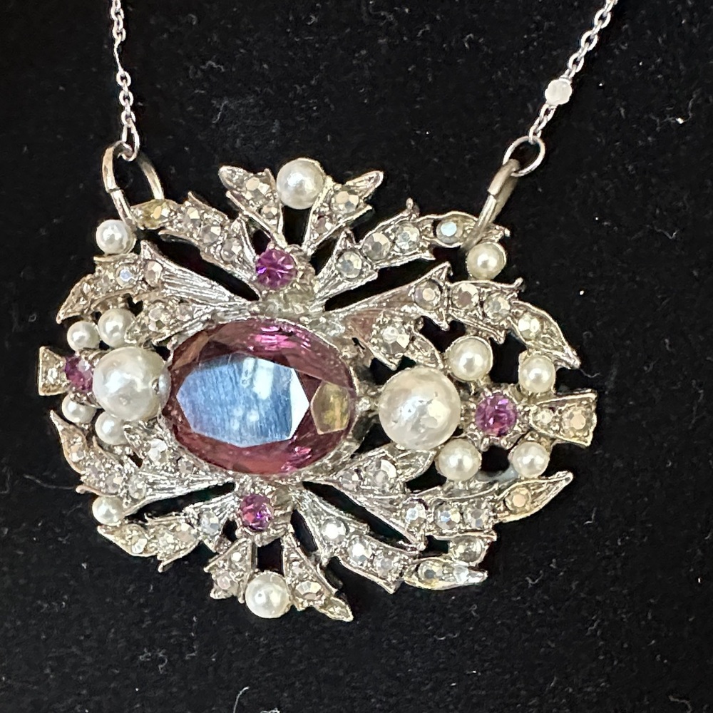 Repurposed ART/Arthur Pepper Silver-Tone Brooch Necklace with Purple & Pearl